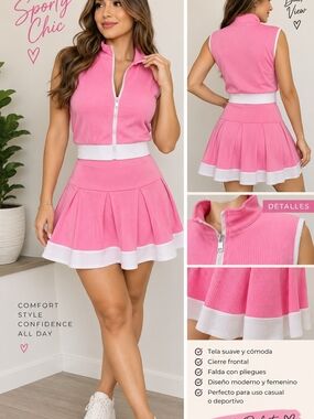 Pink Sleeveless Zip-Front Pleated Skirt Set